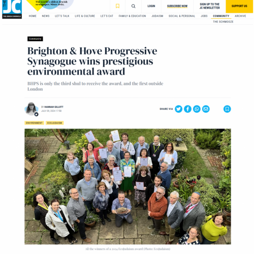 Jewish Chronicle 09.07.24 Brighton & Hove Progressive Synagogue wins prestigious environmental award